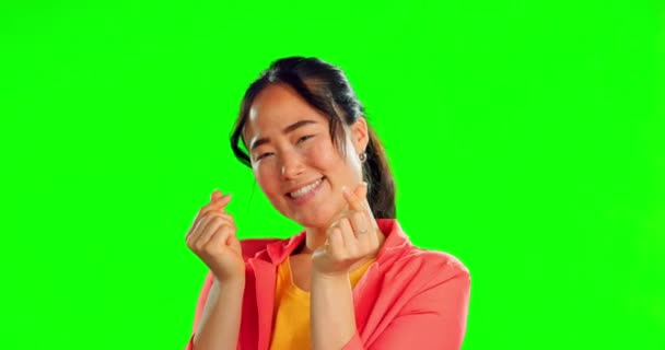 Glücklich Zeigt Und Gesicht Der Asiatischen Frau Auf Einem Grünen — Stockvideo