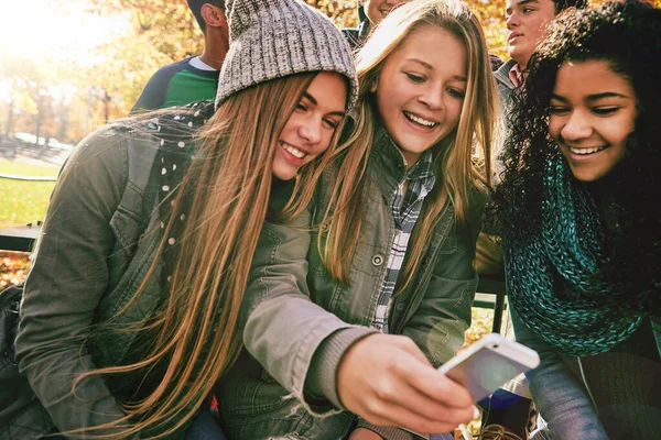 Rispondiamogli Gruppo Giovani Amici Che Usano Telefono Cellulare Insieme Mentre — Foto Stock