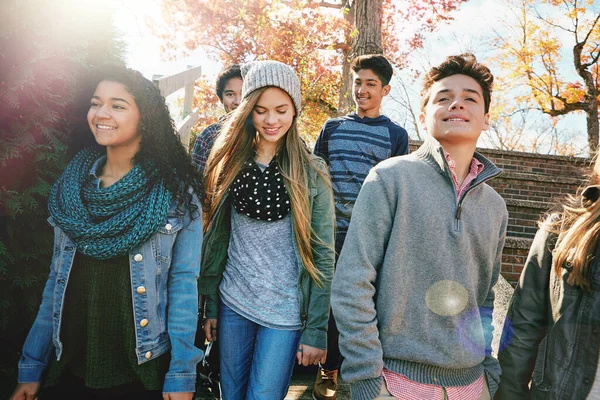 Időpocsékolás Sosem Pazarlás Egy Csapat Tinédzser Akik Együtt Élvezik Őszi — Stock Fotó