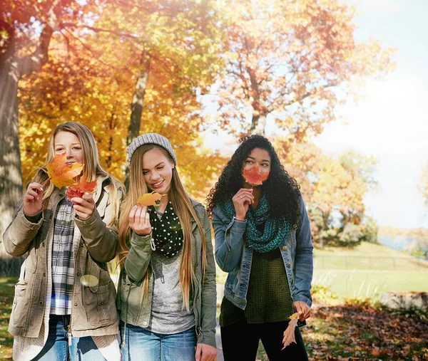 Sorrisi Sole Gruppo Amici Adolescenti Che Godono Una Giornata Autunnale — Foto Stock