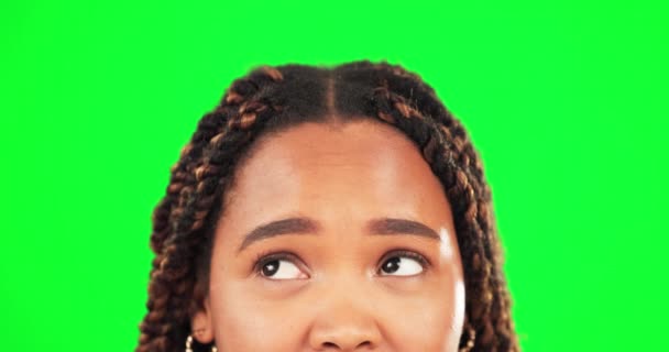 Pensamiento Idea Mujer Estudio Con Pantalla Verde Con Expresión Facial — Vídeos de Stock