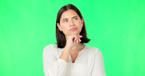 Rostro Idea Decisión Con Una Mujer Fondo Pantalla Verde Estudio — Vídeos de Stock