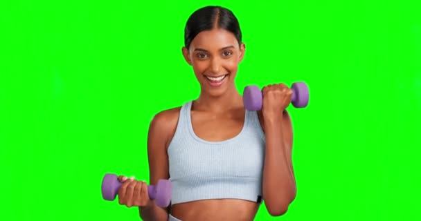 Zielony Ekran Twarz Lub Szczęśliwa Kobieta Hantlami Ćwiczeń Fitness Lub — Wideo stockowe