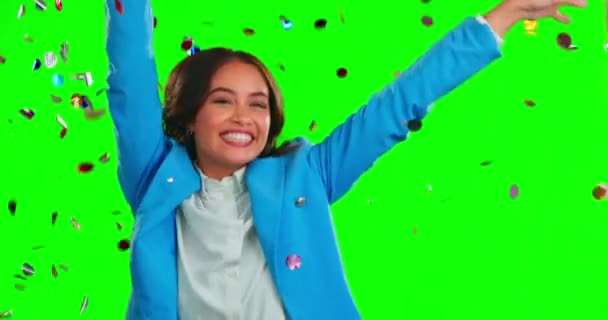 Face Celebration Woman Confetti Green Screen Success Joy Cheerful Excited — Stock Video