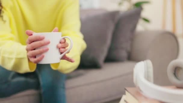 Laptop Kaffee Oder Frau Streamen Einen Film Auf Dem Sofa — Stockvideo