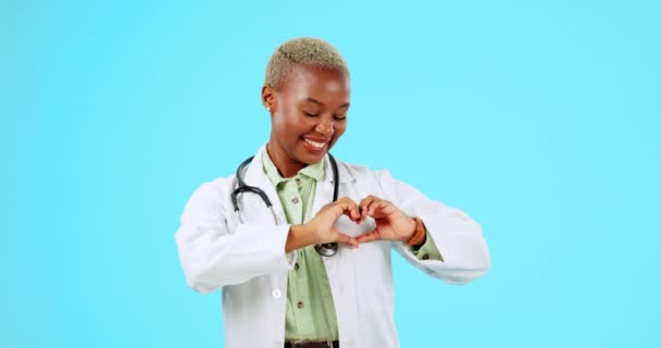 Happy Black Woman Portrait Doctor Heart Hands Shape Smile Studio — Stock Video
