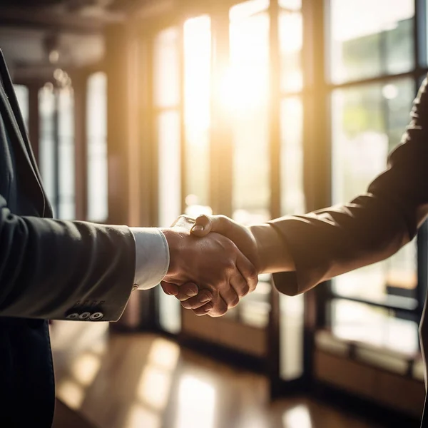 stock image Business people, handshake and partnership for b2b, deal or agreement in corporate growth at office. Employees shaking hands in collaboration, teamwork or welcome for hiring, recruitment or meeting.
