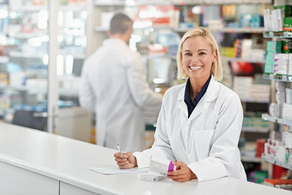 Have Just Remedy You Pharmacist Work Her Colleague Background All — Stock Photo, Image
