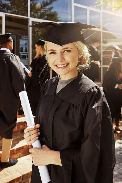 Ticket Great Career Portrait Smiling University Student Holding Her Diploma — Stock Photo, Image