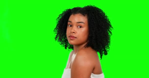 Γυναίκα Ομορφιά Και Πρόσωπο Στην Πράσινη Οθόνη Λάμψη Του Δέρματος — Αρχείο Βίντεο