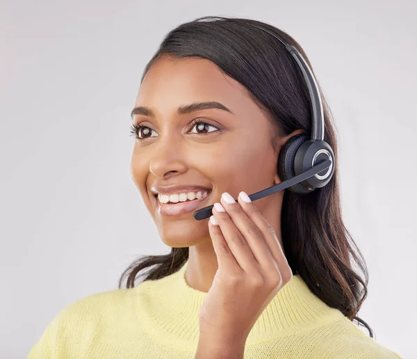 Mujer Feliz Tiene Sonrisa Cara Centro Llamadas Auriculares Con Micrófono — Foto de Stock
