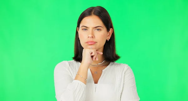 Обличчя Ідея Рішення Жінкою Фоні Зеленого Екрану Студії Щоб Розглянути — стокове фото