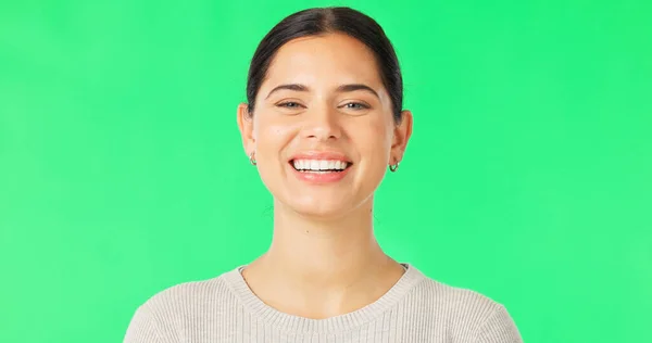 Grüner Bildschirm Gesicht Und Frau Mit Lächeln Glück Und Zuversicht — Stockfoto