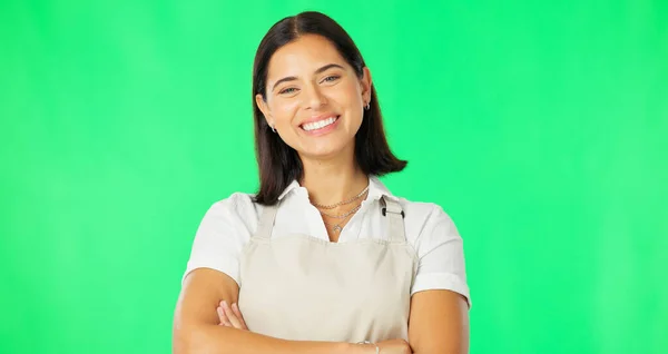 Mulher Feliz Retrato Tela Verde Com Braços Cruzados Espaço Mockup — Fotografia de Stock