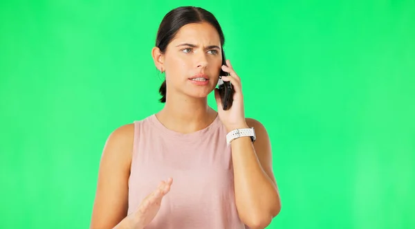 Llamada Telefónica Conversación Fitness Mujer Con Pantalla Verde Sintiéndose Enojada —  Fotos de Stock
