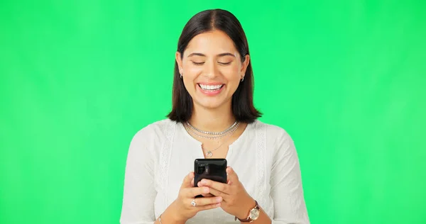 Happy Woman Smartphone Typing Green Screen Studio Social Media Post — Stock Photo, Image
