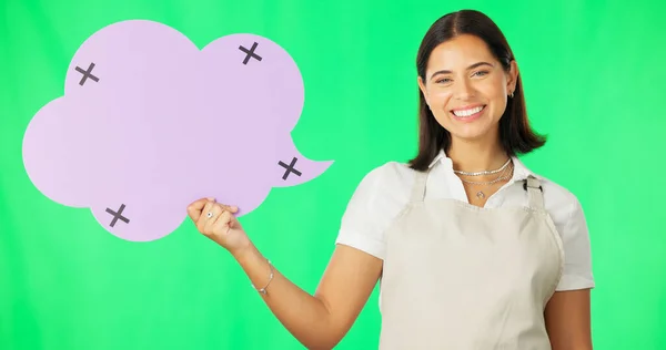 Sprechblase Glückliche Frau Und Gesicht Mit Marketing Auf Grünem Bildschirm — Stockfoto