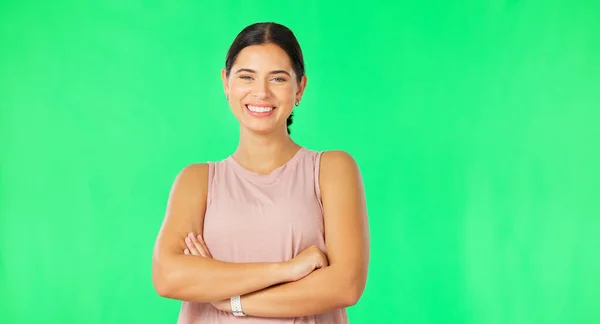 Face Green Screen Woman Arms Crossed Exercise Confident Girl Studio — Stock Photo, Image