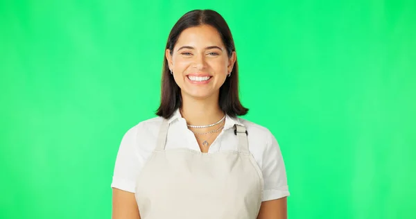 Sorria Mulher Empregado Retrato Tela Verde Com Espaço Mockup Avental — Fotografia de Stock