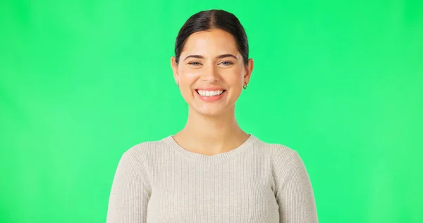 Schermo Verde Viso Donna Con Sorriso Felicità Fiducia Sfondo Colori — Foto Stock