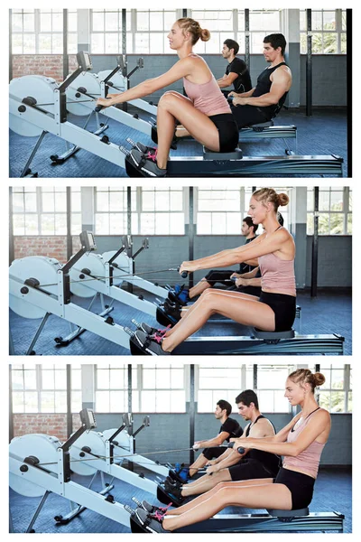 Rowing Way Fitness Composite Shot Group People Working Out Rowing — Stock Photo, Image