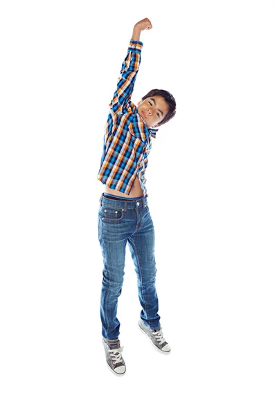 Way Grow Studio Shot Young Boy Jumping Joy White Background — Stock Photo, Image