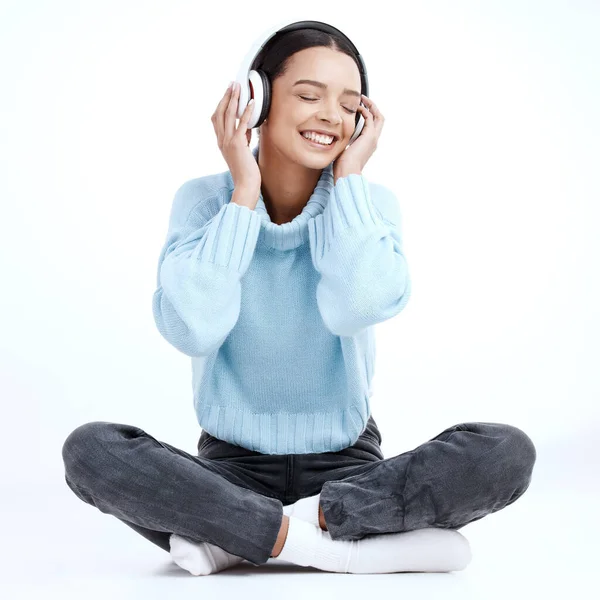 Music Headphones Woman Smile White Background Isolated Studio Floor Happy — Stock Photo, Image