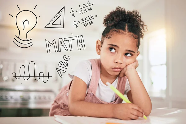 Math homework, education or child thinking of mathematics solution, problem or remote home school. Learning difficulty, ADHD and bored kid contemplating equation numbers for youth development project.