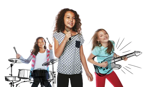 Haciendo Música Dulce Juntos Estudio Niños Tocando Música Rock Instrumentos — Foto de Stock