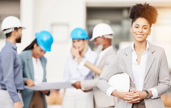 Architecture, engineer and portrait of woman with team for building, construction site and planning. Engineering, leadership and happy female contractor for property development and maintenance.