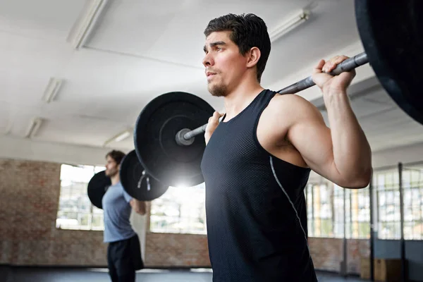Making Lift Look Easy Young Men Working Out Weights Gym — Stock Photo, Image