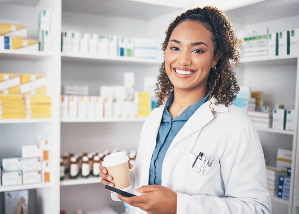 Pharmacist Phone Portrait Happy Woman Coffee Texting Pharmacy Contact Email — Stock Photo, Image