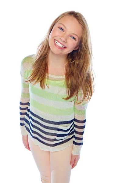 Viel Süße Studioporträt Eines Jungen Mädchens Das Vor Weißem Hintergrund — Stockfoto