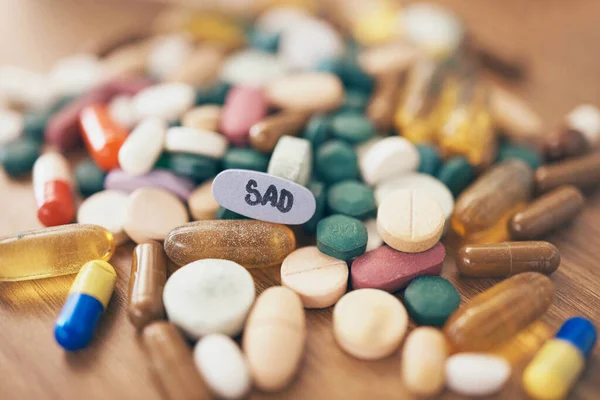 Cuidados Saúde Depressão Mesa Com Pílulas Medicamentos Suplementos Produtos Farmácia — Fotografia de Stock