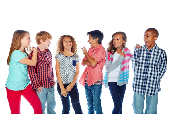 Lined Fun Studio Shot Group Young Friends Hanging Out White — Stock Photo, Image