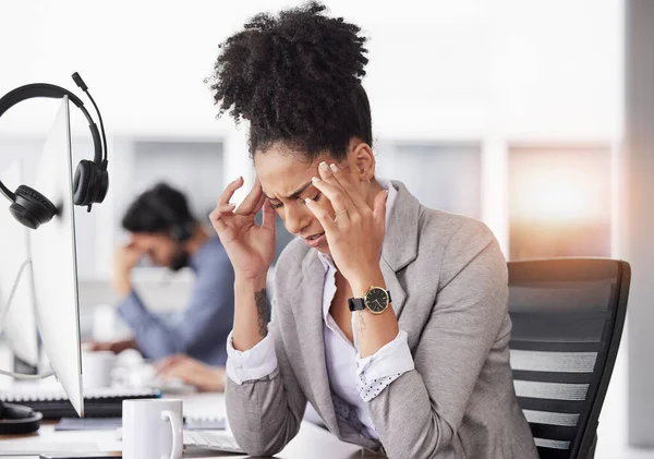 Üzletasszony Fejfájás Stressz Kiégés Fáradtság Vagy Túlhajszolt Irodában Stresszes Fáradt — Stock Fotó
