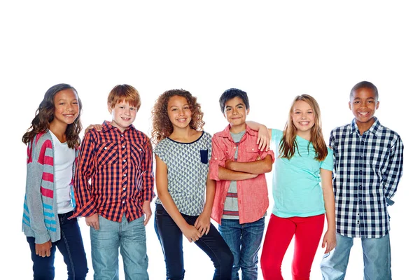 Tween Scene Studio Portrait Group Young Friends Hanging Out White — Stock Photo, Image
