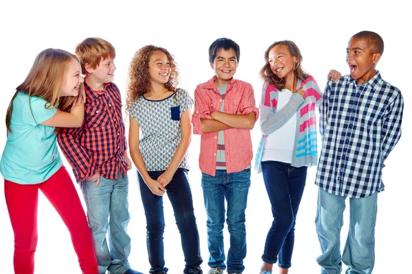 Happiest Kids Studio Portrait Group Young Friends Hanging Out White — Stock Photo, Image