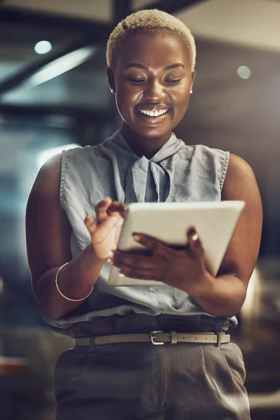 Business, tablet and smile with black woman in office for technology, corporate or communication. Social media, connection and internet with female and search online for networking, email and website.