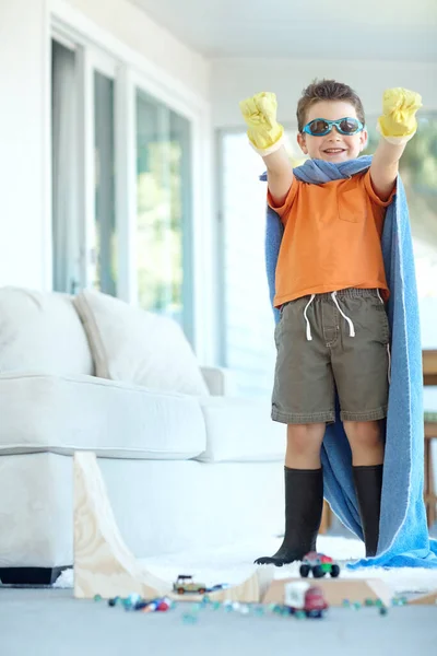 Super Know Playful Little Boy Dressed Superhero Home — Stock Photo, Image