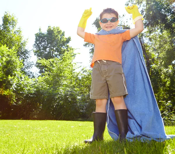 Hero Time Garden Playful Little Boy Dressed Superhero Home — Stock Photo, Image