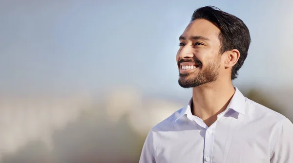 Ideeën Zakelijke Aziatische Man Met Glimlach Denken Modelleren Met Toekomst — Stockfoto