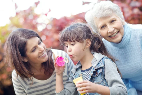 stock image Happiness is blowing bubbles. a three generational family spending time outdoors blowing bubbles