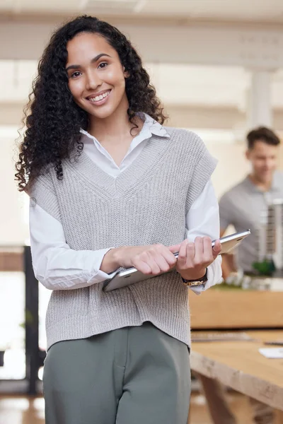 Happy, professional and portrait of a woman at work for business, architecture and creative job. Smile, morning and female employee standing in the workplace with technology working at agency.