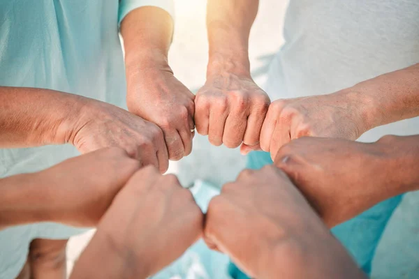 Hands Teamwork Solidarity People Huddle Together Outdoor Closeup Unity Collaboration — Stock Photo, Image