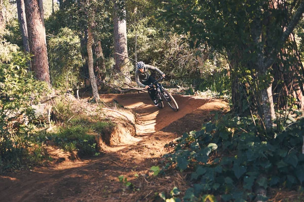 Trail Mountainbike Und Männer Radfahren Wald Oder Wald Schnell Geschwindigkeit — Stockfoto