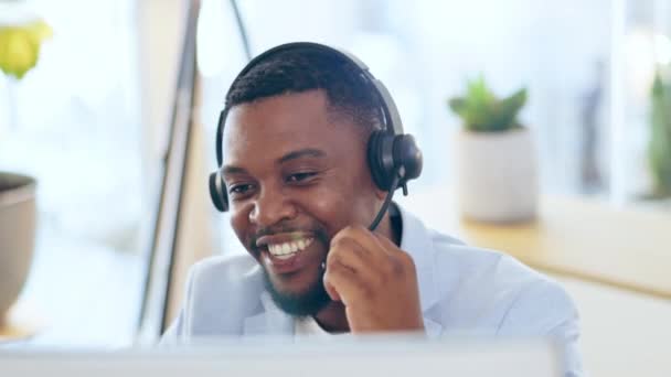 Call Center Black Man Talking Office Telemarketing Customer Service Support — Stock Video