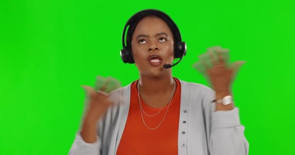 Μαύρη Γυναίκα Τηλεφωνικό Κέντρο Και Θυμωμένη Στην Πράσινη Οθόνη Τηλεφώνημα — Αρχείο Βίντεο