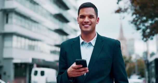 Telefon Forretningsmand Ansigt Byen Med Glæde Smil Fra Arbejde Urban – Stock-video
