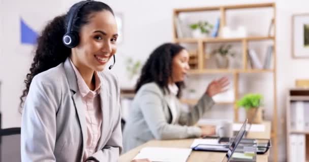 Call Center Obsługa Klienta Lub Twarz Szczęśliwej Kobiety Konsultacji Rozmowy — Wideo stockowe